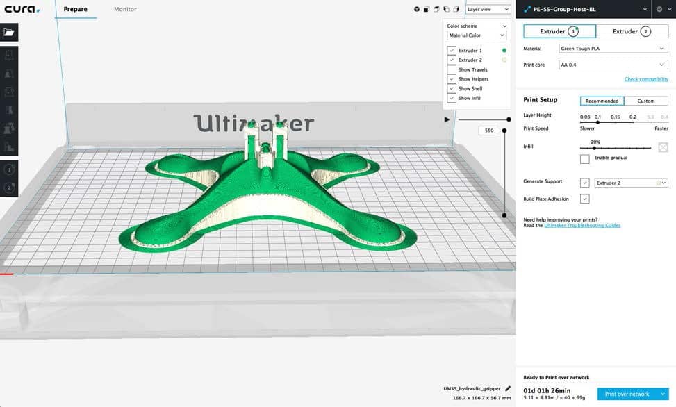 Izgled Ultimaker CURA softvera za pripremu za 3D štampu sa uvezenim modelom.